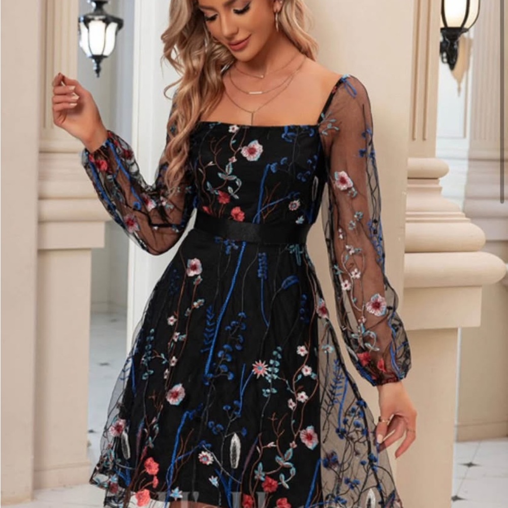 Floral Embroidered Black Dress